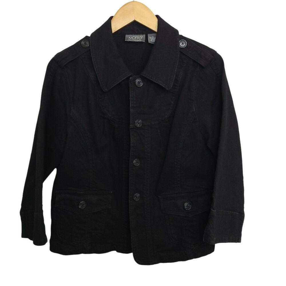 Motto Womens Black Denim Jean Jacket Button Up Pockets SZ Med Y2K Minimalist